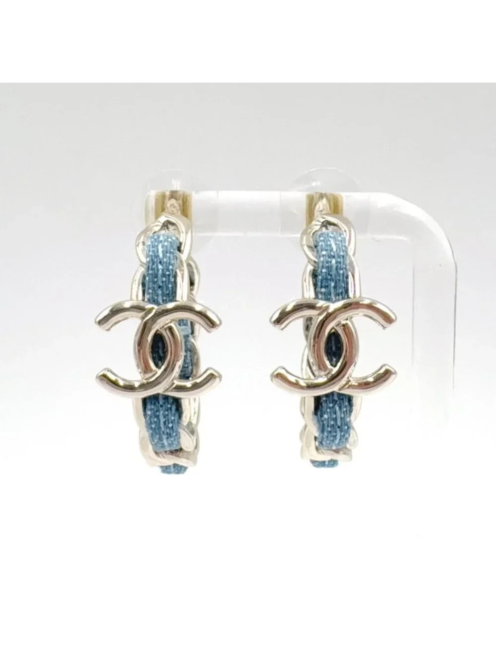 Chanel CC Logo Hoop Metal Denim Silver Blue Earrings